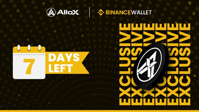 Promotional banner for AlloX in partnership with Binance Wallet featuring a '7 DAYS LEFT' countdown calendar and an exclusive crypto coin badge on a black and yellow background.