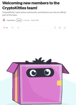 CryptoKitties article titled "Welcoming new members to the CryptoKitties team!" announcing new official contributors, featuring an illustration of a purple cat box character.