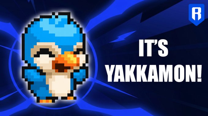 A pixel art mascot of Yakkamon, a blue duck-like creature wearing goggles, is displayed against a dynamic blue background with the bold text "IT'S YAKKAMON!" to the right, promoting the character from the YakkaMon game.