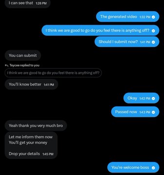 A screenshot of a text message exchange showing a client updating someone at 1:42 PM with "The generated video," then confirming "Passed now," and thanking them for the help—correlating with the post's message about helping a client prepare for a Handshake AI Hedgehog onboarding and successfully passing the assessment.