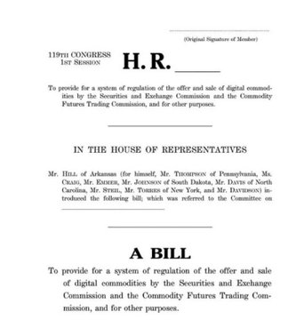 The image shows the cover page of H.R. _____, introduced in the 119th Congress by Reps. Hill, Steil, Thompson, Roster, Allen, and Davids, titled "A Bill To provide for a system of regulation of the offer and sale of digital commodities by the Securities and Exchange Commission and the Commodity Futures Trading Commission." The image directly relates to the post as it depicts the proposed CLARITY Act, which seeks to establish regulatory clarity for digital assets between the SEC and CFTC.
