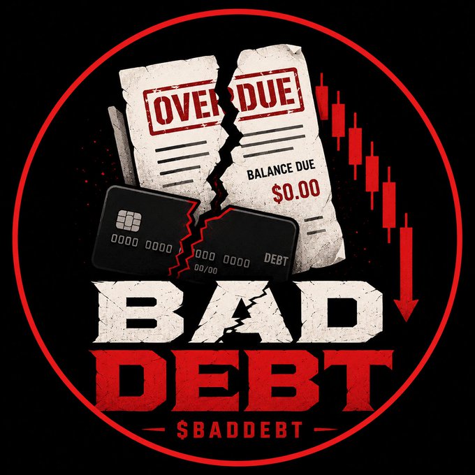 A graphic titled "BAD DEBT" with the ticker "$BADDEBT" featuring torn paper labeled "OVERDUE", credit cards marked "DEBT", and a downward candlestick chart.