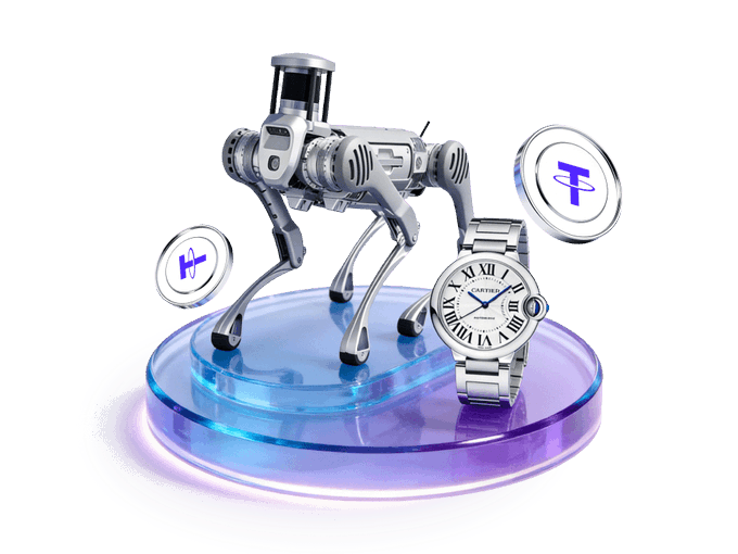 A silver quadruped robot and a Cartier watch sit on a glowing blue and purple circular platform, flanked by two coins marked with a "T" symbol.

The image visually represents the post's theme of merging robotics with traditional assets, as the robot symbolizes Unitree's foray into factories and homes, while the luxury Cartier watch and "T" coins evoke the TradFi-to-crypto bridge and USDT-based trading on CoinW.