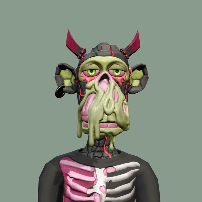 A 3D rendered character wearing a black helmet with red horns, featuring a melting green face and a black shirt with a pink ribcage design, set against a green background.