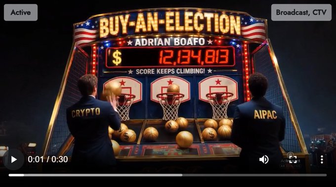 A video thumbnail showing an arcade-style basketball game titled 'BUY-AN-ELECTION' by Adrian Boafo with a score of $12,134,813 and 'SCORE KEEPS CLIMBING!', featuring two figures labeled 'CRYPTO' and 'AIPAC'.