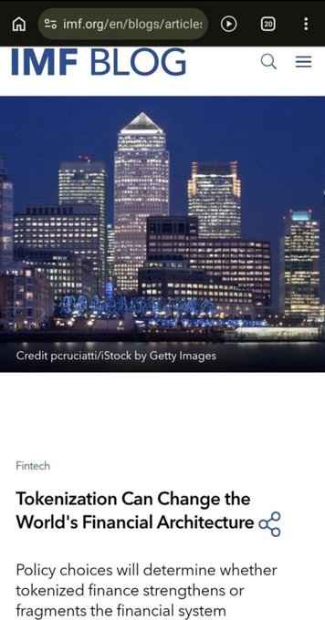 A screenshot from the IMF Blog featuring a nighttime cityscape of illuminated skyscrapers (Canary Wharf, credited to Pruc/iStock/Getty Images) above the headline "Tokenization Can Change the World's Financial Architecture," which introduces an article on how policy decisions will shape tokenized finance's role in strengthening or fragmenting the global financial system.