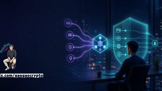 A digital artwork showing a person at a desk observing a glowing shield and hexagonal blockchain-style graphics, with the watermark 'x.com/gaogaocrypto' in the bottom left corner.