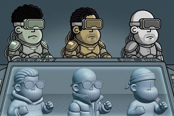 A cartoon-style digital artwork depicting three characters wearing VR goggles at the top, with their 3D wireframe counterparts shown below, illustrating virtual reality technology.