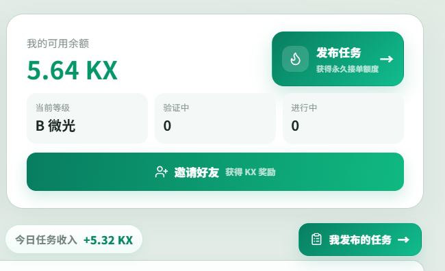 A Chinese-language dashboard showing an account balance of '5.64 KX' with buttons for publishing tasks and inviting friends for KX rewards.