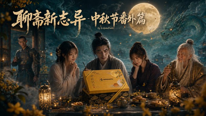 A cinematic promotional artwork titled "聊斋新志异 · 中秋节番外篇" (Strange Tales New Chronicle · Mid-Autumn Festival Side Story) by LiGuan_DaLiu, depicting five characters in traditional Chinese attire gathered around a Binance-branded mooncake box under a full moon with a dragon.