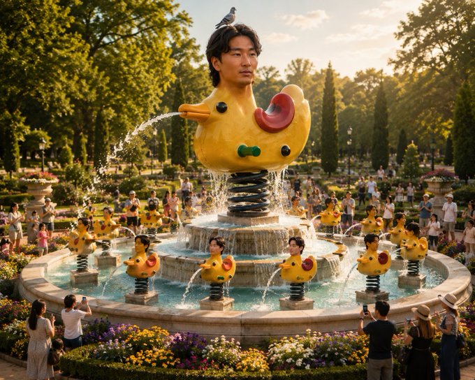 A whimsical park fountain features a giant spring-mounted yellow duck sculpture topped with a man's head and a pigeon, surrounded by smaller identical ducks spraying water, as visitors gather to admire the colorful scene. The playful $SEYONGPARK attraction brings this quirky, larger-than-life rubber duck display to life in a lush garden setting.