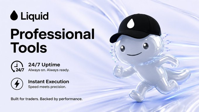 The image features a cartoon character, likely a white and black character resembling a person or an animal, running across a blue background. The text above the image reads "Liquid Professional Tools" and below the image says "Instant execution". This suggests that the image is promoting a product related to professional trading tools for mobile devices.