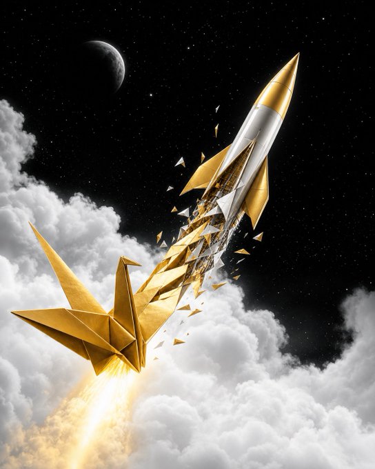 A golden origami rocket soars through the clouds toward a crescent moon, breaking apart into fragments as it ascends into the starry night sky. The image visually captures the "To the Moon" theme, symbolizing an ambitious upward trajectory and the pursuit of lofty goals.