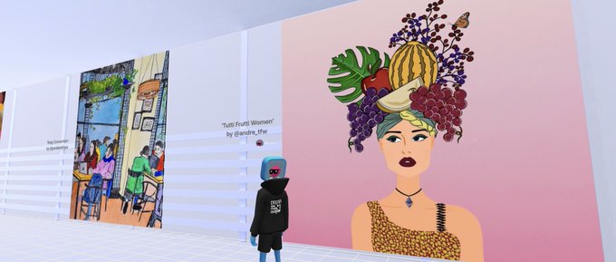An art exhibition display featuring two paintings: one titled 'Tea Ceremony' and another titled 'Tutti Frutti Women' by @andrea_ifka, with a small black figurine wearing a blue cap standing in front.
