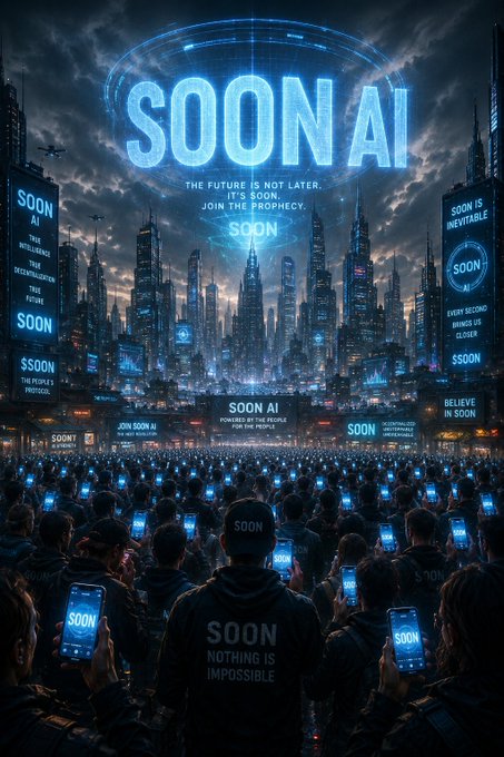 The image features a large crowd of people holding up their cell phones, with the text "They searched for dates. They searched for signals. They searched for alpha. We searched for the future." The caption above the image reads "There is no WEN. There is only SOON." This suggests that the image is related to an upcoming event or release of a new product, possibly related to artificial intelligence (AI).