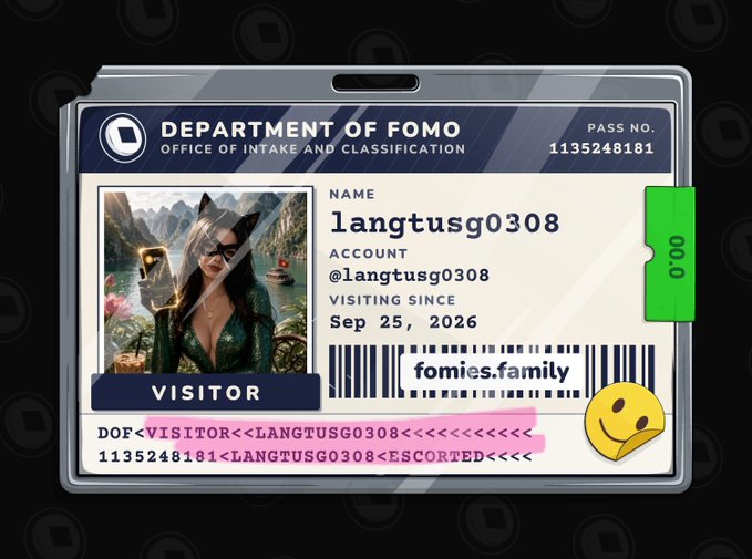 An ID badge from the "DEPARTMENT OF FOMO" displays the name "langtusg0308," account "@langtusg0308," a visiting date of "Sep 25, 2026," and the URL "fomies.family" alongside an anime-style avatar.