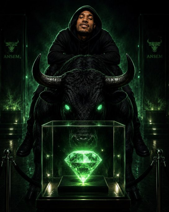 A man in a hoodie sits atop a dark, menacing bull with glowing green eyes, centered above a large, brilliantly illuminated green diamond in a display case. The "ANSEM" bull logo appears on either side, visually reinforcing the post's message of bullish strength and holding a diamond.