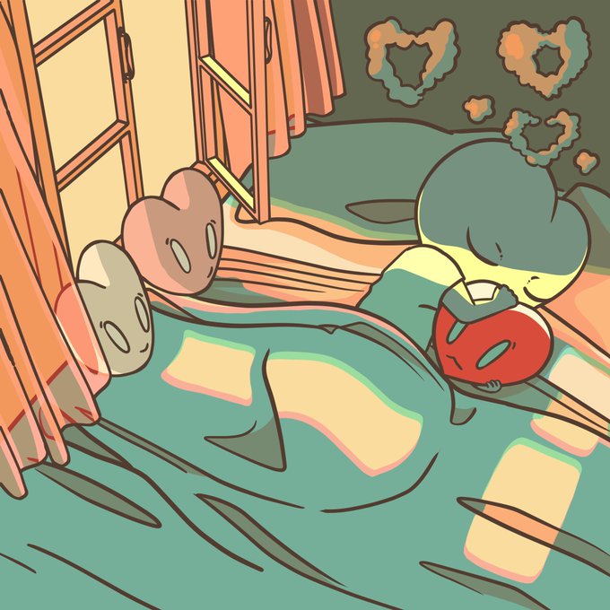 A digital illustration showing characters in bed, with one sleeping peacefully (with heart bubbles above) while another holds a red alarm clock, alongside small floating creatures nearby.
