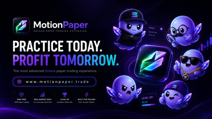 The image features a colorful graphic design with six cartoon characters representing different aspects of Solana Paper Trading. These characters include a blue ghost with a camera, a purple fish wearing sunglasses, an orange monster holding a paper money bag, a black cat wearing a hat, a green bird in flight, and a red dragon guarding a treasure chest. The characters are arranged in a visually appealing layout that is consistent with the theme of the image.
