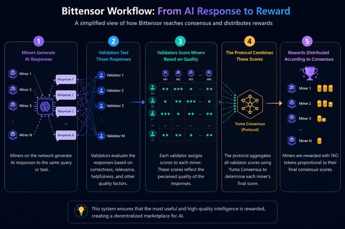 The image is a flowchart titled "Bittensor Workflow: From AI Response to Reward," illustrating a 5-step process where miners generate AI responses, validators test and score them based on quality, and the Yuma Consensus protocol aggregates these scores to distribute TAO token rewards proportionally to the miners' final consensus scores, visually representing the post's description of Bittensor's $TAO flywheel ecosystem.