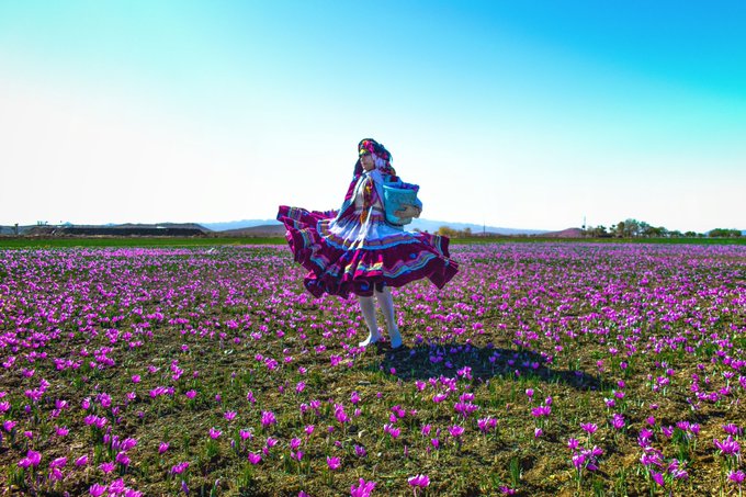 The image features a woman wearing traditional clothing with a colorful skirt and holding a basket. She appears to be dancing or walking through a field of purple flowers, possibly at sunrise or sunset. The sky above her is blue, creating a beautiful contrast with the vibrant colors of her outfit and the flowers around her.