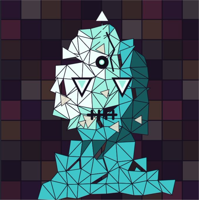 This is an artwork featuring a stylized, polygonal creature with geometric facial features and a checkered background, representing the "Late Stage Archetypes" NFT collection by @WizardX_0x. The image directly showcases the artistic style of the collection mentioned in the accompanying post.