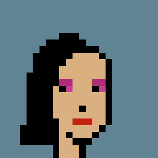 A pixel art portrait of a person with black hair, pink eyeshadow, and red lips against a blue background.