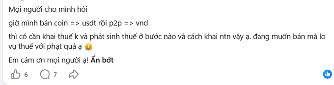 A Vietnamese social media comment asking for tax advice on selling crypto (converting coin to USDT, then P2P, then VND), mentioning concerns about tax declaration at various steps.