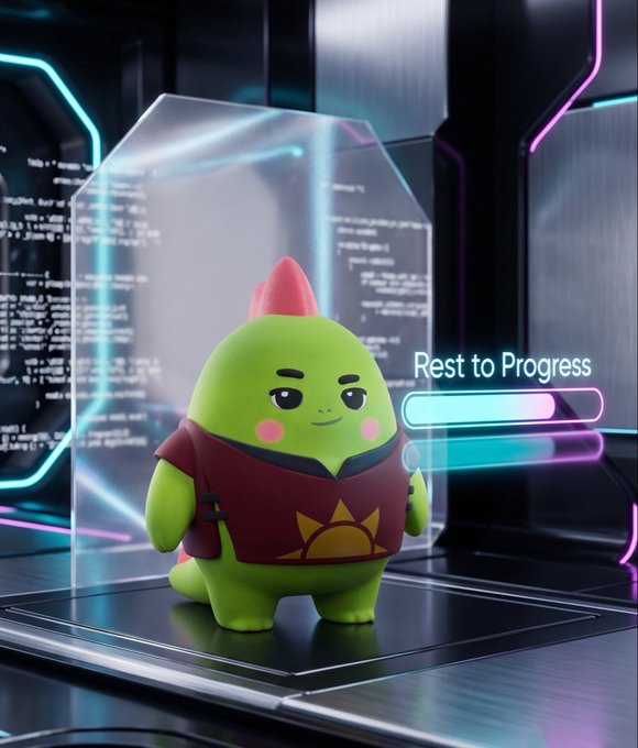 A 3D rendering of a cute green cartoon dinosaur character with a red crest, wearing a maroon shirt with a sun emblem, displayed inside a glass case with a futuristic 'Rest to Progress' interface.