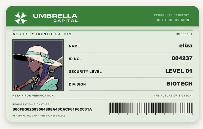 An Umbrella Capital Biotech Division security ID card featuring an anime character with a hat, name 'eliza', ID No. 004237, and Security Level 01.