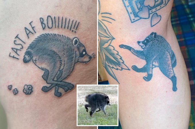 The image shows two tattoos of a running/skating bear based on a viral meme originally featuring a opossum, with one tattoo reading "FAST AF BOIIIIII!!" alongside paw prints, and a small photo of the original viral video animal in the corner. The meme-style tattoo embodies the playful, viral spirit of the $Jimothy crypto promotion, with the bear's exaggerated running pose and humorous caption matching the meme's overexaggerated hype that the post uses to promote $Jimothy as the next Doge.
