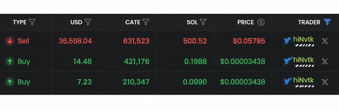 A cryptocurrency trading interface shows a 'Sell' order for 631,523 CATE at $0.05795 (500.52 SOL) and two 'Buy' orders, all executed by trader 'hiNvtk'.
