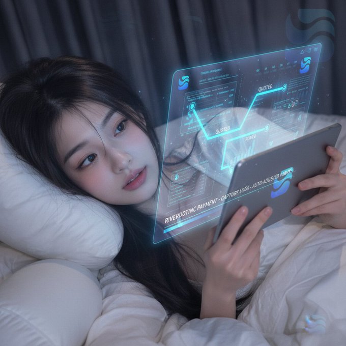 A young woman with long dark hair lying on a bed using a tablet displaying a futuristic holographic interface with 'QUOTED' labels and 'RIVERDOTTING PAYMENT' text.