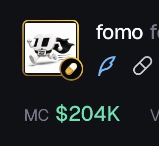 The image shows a meme coin token with "fomo" text, a pill and rocket icon, and a market cap of $204K displayed in green, matching the post's reference to a coin's current valuation before its projected rise to $4 million.