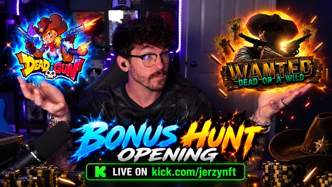 A man in glasses speaking into a microphone, flanked by slot game logos for "Dead or Gun" and "Wanted Dead or a Wild", with a "Bonus Hunt Opening" banner and "LIVE ON kick.com/jerzynft".