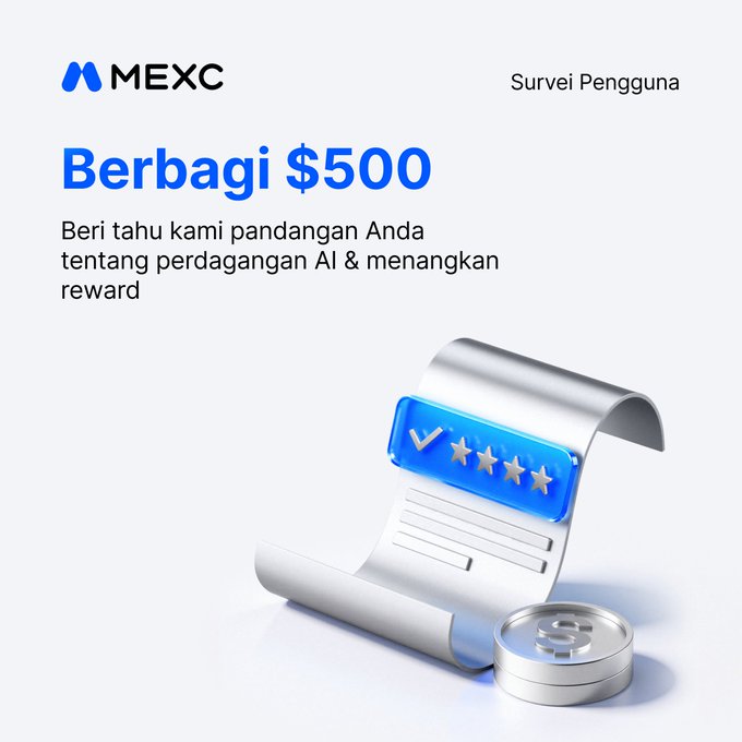 A promotional graphic for MEXC with the text 'Survei Pengguna' (User Survey) and 'Berbagi $500' (Share $500). The Indonesian text asks for feedback about AI trading to win rewards, accompanied by a 3D illustration of a survey document and coins.