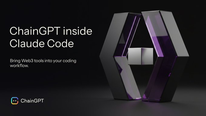 A promotional graphic announcing "ChainGPT inside Claude Code" invites developers to integrate Web3 tools into their coding workflow, featuring the ChainGPT logo beside a sleek, geometric purple and black 3D structure. The visual reinforces the announcement's message of bringing 154 Web3 capabilities—including smart contract generation, audits, and crypto news—directly into the Claude Code environment via the ChainGPT Developer Kit.