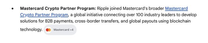 The image shows a screenshot of a webpage with text that reads "Mastercard Crypt Partner Program Ripple joined Mastercard's broader payments, cross-border transactions, and global payments using blockchain technology". The text also mentions that Ripple is part of the @Mastercard Crypto Partner Program.