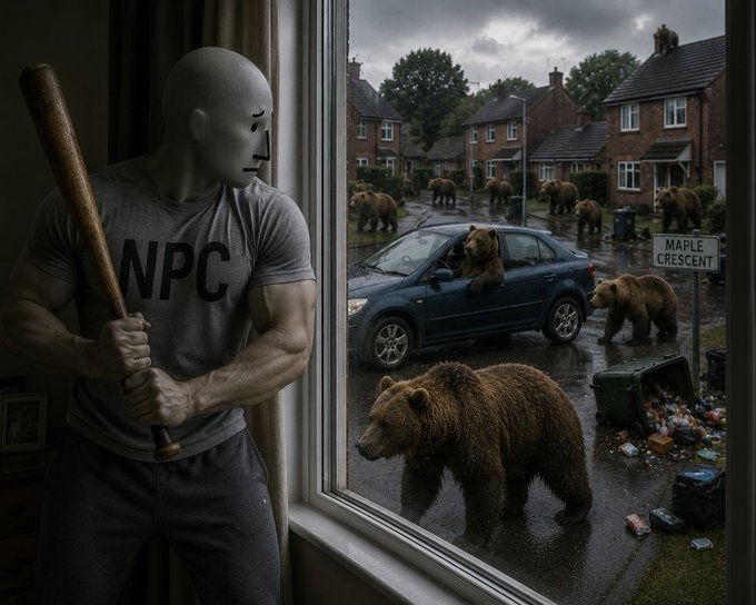 A masked figure wearing a shirt that reads "NPC" holds a baseball bat while watching through a window as bears roam a suburban street labeled "MAPLE CRESCENT."