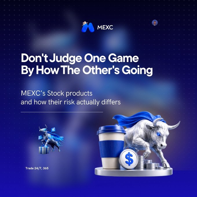 A MEXC promotional graphic with the headline 'Don't Judge One Game By How The Other's Going', featuring 3D illustrations of a bull and a cow character along with coffee cup imagery.