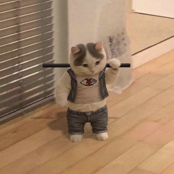 A plush cat figure in a vest and jeans stands on a wooden floor holding a staff over its shoulder, embodying the weary "carrying the weight" sentiment of holding 1,685,427 MICHI tokens at a 44.7% loss with lunch money.