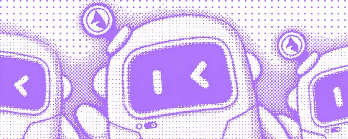 A stylized purple halftone illustration features three robot or astronaut characters with screens displaying '1' and '<' symbols against a dotted background.