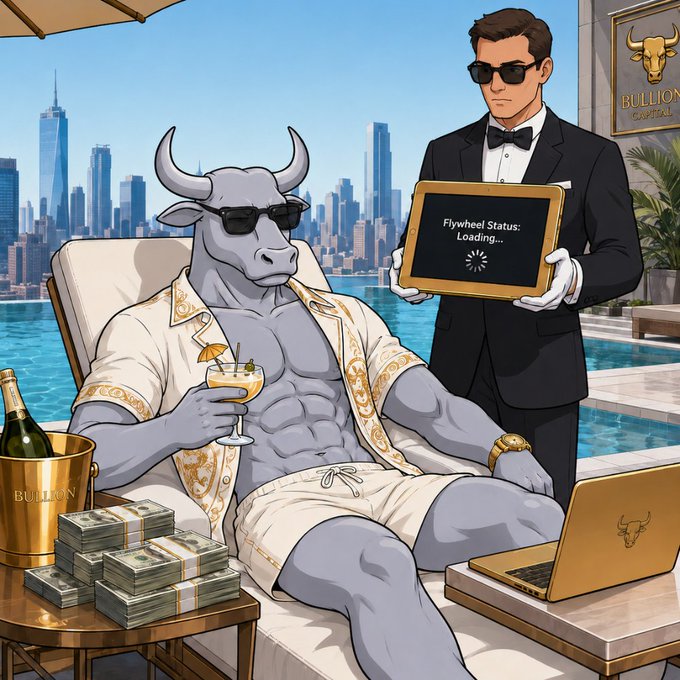 An animated cartoon illustration of a muscular bull wearing sunglasses and a Versace-style robe lounging by a pool with cash, while a butler presents a chalkboard reading 'Flywheel Status: Loading...'.