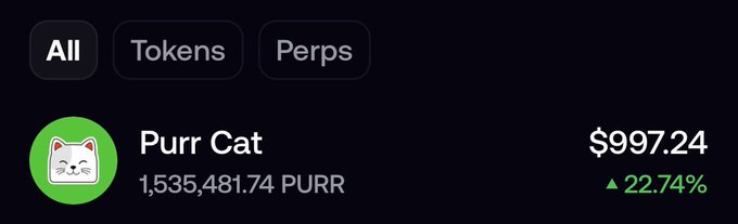 A cryptocurrency portfolio screenshot shows "Purr Cat" (PURR) holdings of 1,535,481.74 tokens, currently valued at $997.24 with a 22.74% gain, illustrating the user's new position in a cat-themed meme coin on the Robinhood blockchain.