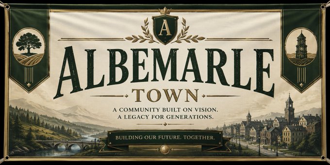 A vintage-style banner displays "ALBEMARLE TOWN" with the tagline "A COMMUNITY BUILT ON VISION. A LEGACY FOR GENERATIONS," alongside the motto "BUILDING OUR FUTURE, TOGETHER," featuring ornate emblems and a scenic town landscape.

The image visually represents the lore and community thesis for the $ALBEMARLE token, with its classical heraldic design and aspirational messaging reflecting the post's themes of vision, community, and legacy.