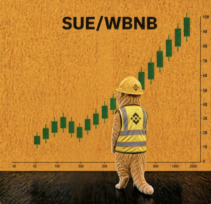A construction cat in a hard hat and BNB-branded safety vest watches a green candlestick chart for the SUE/WBNB trading pair climb steadily from around 1B to 10B on the right side of the image, with the caption's "Just the beginning... Keep on building!" message fitting the upward trend and construction theme.
