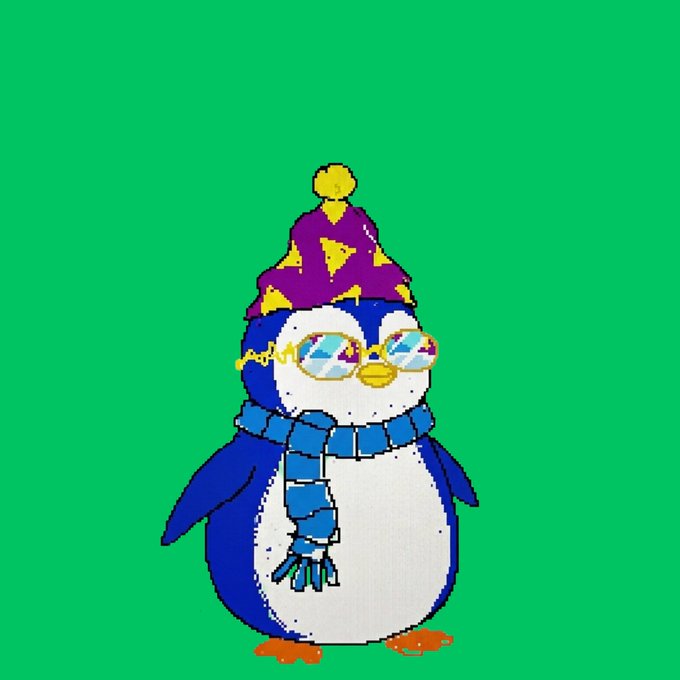 A cartoon drawing of a penguin wearing a purple and yellow party hat, blue scarf, and rainbow-colored round glasses against a green background.