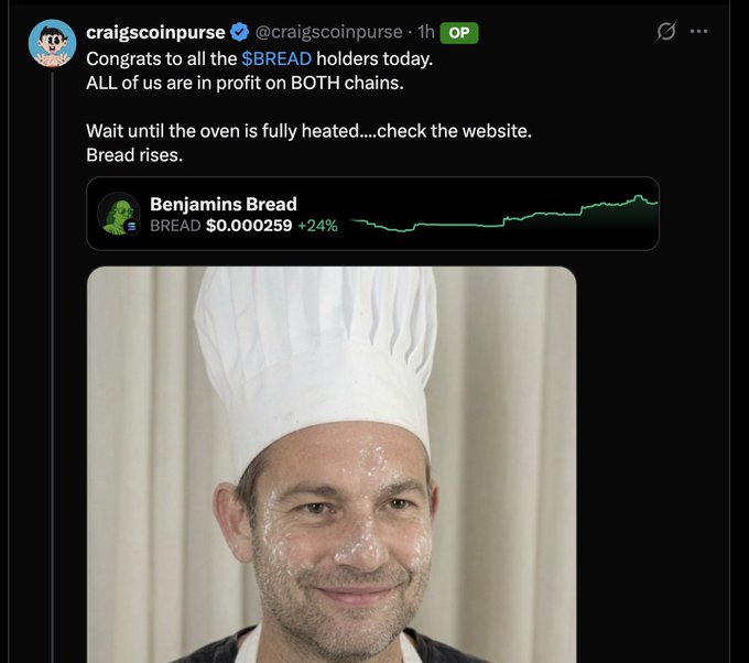 A tweet by @craigscoinpurse congratulates $BREAD holders on being in profit on both chains, noting that "Bread rises" as the oven heats up, with BREAD shown at $0.000259 (+24%). Below the tweet is an AI-generated image of a smiling man wearing a chef's hat with flour on his face, visually playing on the "bread" baking metaphor used in the post.