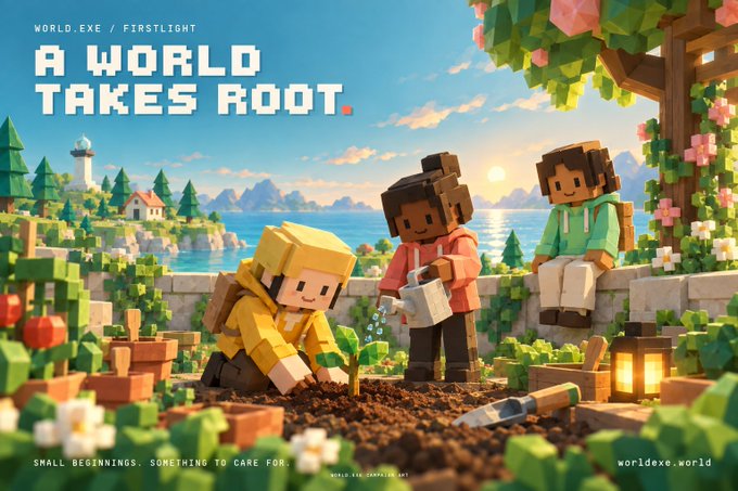 Promotional artwork for 'WORLD.EXE / FIRSTLIGHT - A WORLD TAKES ROOT' showing blocky voxel-style characters tending to plants by the ocean, with the tagline 'SMALL BEGINNINGS. SOMETHING TO CARE FOR.'