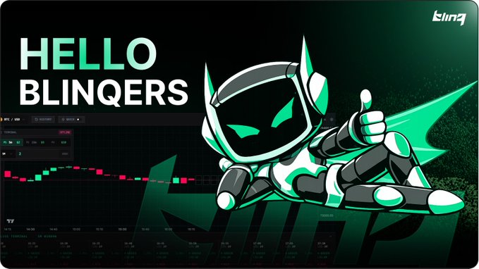 The image features a green robot with a robot head and arms laying down on its stomach, giving off a friendly vibe. The background of the image is black, which contrasts nicely with the green color of the robot. Below the robot, there's text that reads "Hello Blinners". This phrase seems to be related to the content of the post about prediction markets.